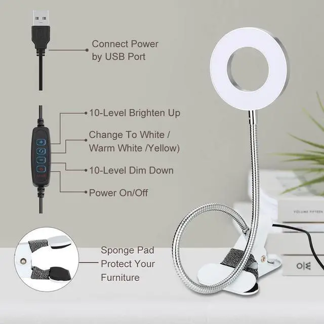 Alt view image 4 of 7 - KEHIPI Clip on Desk/Ring Light with Clamp for Video Conference Lighting, Computer Webcam, USB LED Laptop Light for Zoom Meetings Reading with 3 Color 10 Dimming Level Silvery