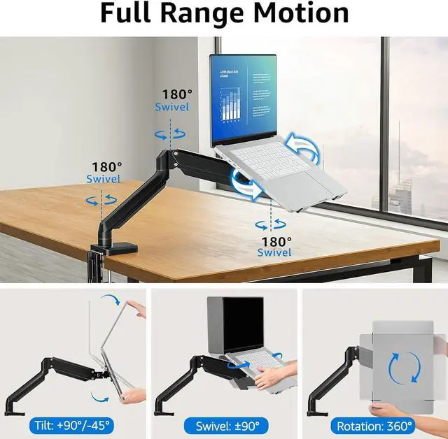 Alt view image 4 of 7 - KEHIPI Laptop Arm Mount for Desk Holds 3.3-17.6lbs, Single Laptop Computer Desk Mount for 13-17 Inch Notebook Fully Adjustable Laptop Tray Stand with Gas Spring Arm, with Clamp/Grommet Base