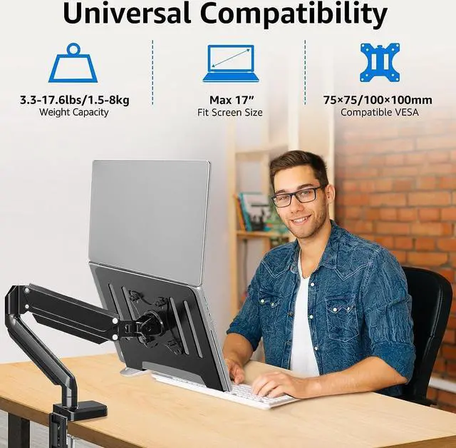 Alt view image 2 of 7 - KEHIPI Laptop Arm Mount for Desk Holds 3.3-17.6lbs, Single Laptop Computer Desk Mount for 13-17 Inch Notebook Fully Adjustable Laptop Tray Stand with Gas Spring Arm, with Clamp/Grommet Base