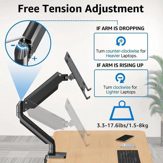 Alt view image 5 of 7 - KEHIPI Laptop Arm Mount for Desk Holds 3.3-17.6lbs, Single Laptop Computer Desk Mount for 13-17 Inch Notebook Fully Adjustable Laptop Tray Stand with Gas Spring Arm, with Clamp/Grommet Base