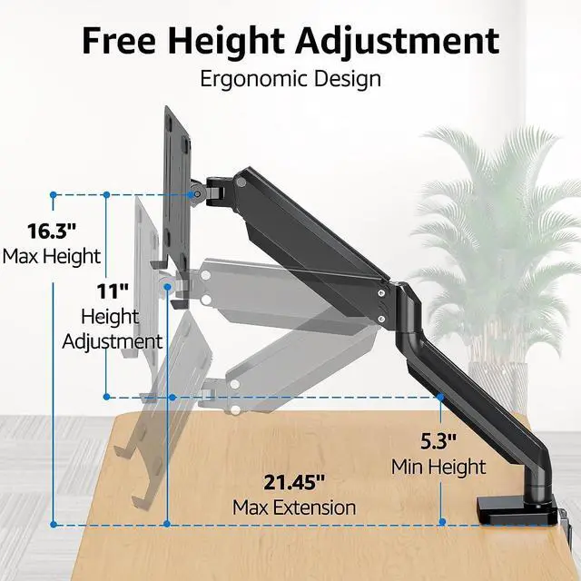 Alt view image 3 of 7 - KEHIPI Laptop Arm Mount for Desk Holds 3.3-17.6lbs, Single Laptop Computer Desk Mount for 13-17 Inch Notebook Fully Adjustable Laptop Tray Stand with Gas Spring Arm, with Clamp/Grommet Base