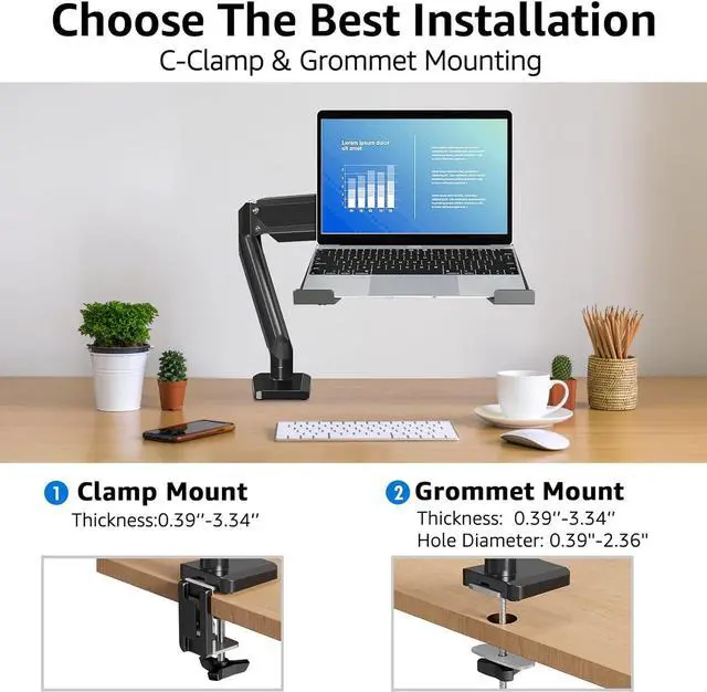 Alt view image 6 of 7 - KEHIPI Laptop Arm Mount for Desk Holds 3.3-17.6lbs, Single Laptop Computer Desk Mount for 13-17 Inch Notebook Fully Adjustable Laptop Tray Stand with Gas Spring Arm, with Clamp/Grommet Base