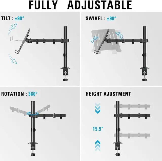 Alt view image 2 of 6 - KEHIPI Single Laptop Tray Desk Mount for 13-17 Inch Laptop Notebook, Fully Adjustable Laptop Arm, Full Motion Laptop Stand, Holds up to 17.6lbs, with Clamp/Grommet Mounting