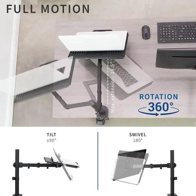 Alt view image 4 of 7 - KEHIPI Single Laptop Notebook Desk Mount Stand, Fully Adjustable Extension with C-clamp, Fits up to 17 inch Laptops, Black, STAND-V001L