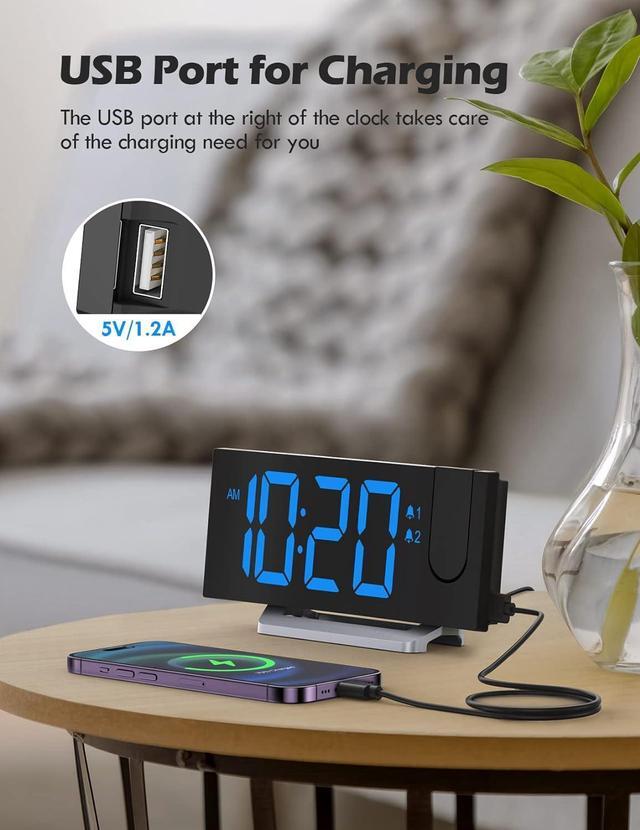 Alt view image 5 of 6 - KEHIPI Projection Alarm Clock with FM Radio, USB Charging Port, 0-100% Dimmer, Dual Alarms, HD LED Display, 30 Preset Stations, Sleep Timer, 5 Alarm Sounds, Snooze, Curved Screen, Digital Clock for Be