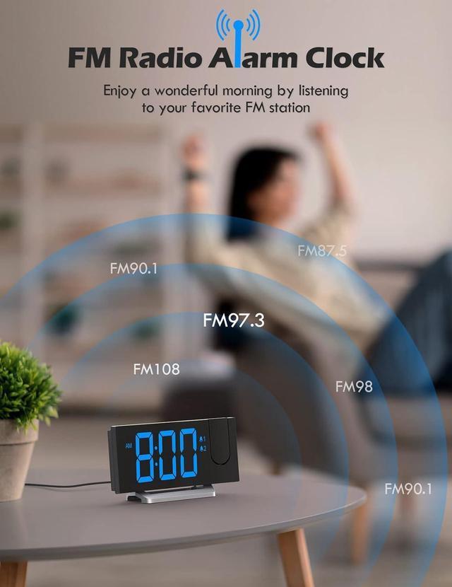 Alt view image 4 of 6 - KEHIPI Projection Alarm Clock with FM Radio, USB Charging Port, 0-100% Dimmer, Dual Alarms, HD LED Display, 30 Preset Stations, Sleep Timer, 5 Alarm Sounds, Snooze, Curved Screen, Digital Clock for Be