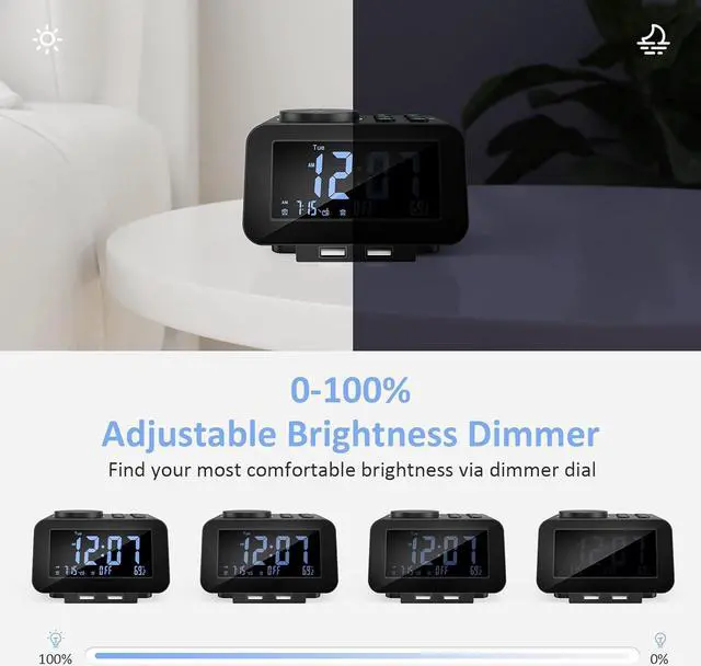 Alt view image 2 of 7 - KEHIPI Digital Dual Alarm Clock Radio - 0-100% Dimmer with Weekday/Weekend Mode, 6 Sounds Adjustable Volume, FM Radio w/Sleep Timer, Snooze, 2 USB Charging Ports, Thermometer, Battery Backup