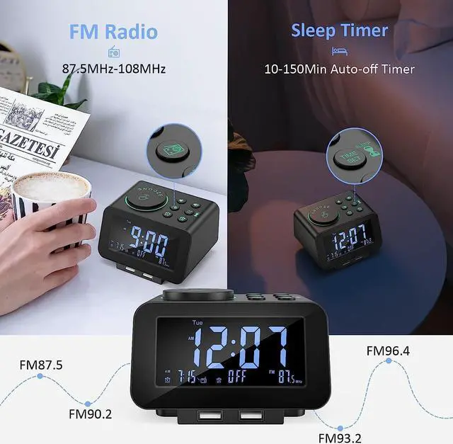 Alt view image 4 of 7 - KEHIPI Digital Dual Alarm Clock Radio - 0-100% Dimmer with Weekday/Weekend Mode, 6 Sounds Adjustable Volume, FM Radio w/Sleep Timer, Snooze, 2 USB Charging Ports, Thermometer, Battery Backup