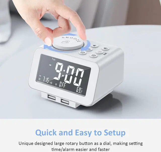 Alt view image 5 of 7 - KEHIPI Digital Alarm Clock Radio - 0-100% Dimmer, Dual Alarm with Weekday/Weekend Mode, 6 Sounds Adjustable Volume, FM Radio w/Sleep Timer, 2 USB Charging Ports, Thermometer, Battery Backup(White)