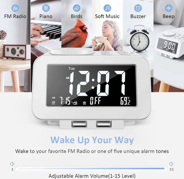 Alt view image 6 of 7 - KEHIPI Digital Alarm Clock Radio - 0-100% Dimmer, Dual Alarm with Weekday/Weekend Mode, 6 Sounds Adjustable Volume, FM Radio w/Sleep Timer, 2 USB Charging Ports, Thermometer, Battery Backup(White)