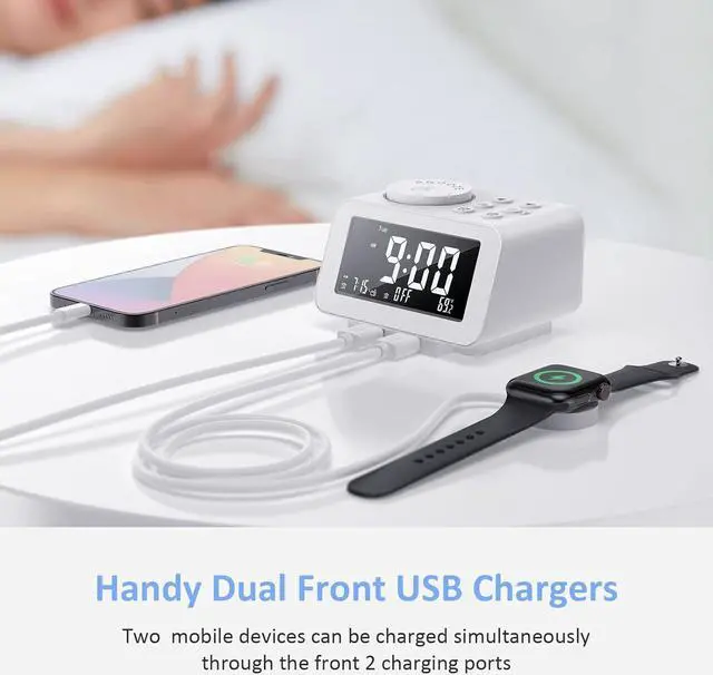 Alt view image 7 of 7 - KEHIPI Digital Alarm Clock Radio - 0-100% Dimmer, Dual Alarm with Weekday/Weekend Mode, 6 Sounds Adjustable Volume, FM Radio w/Sleep Timer, 2 USB Charging Ports, Thermometer, Battery Backup(White)