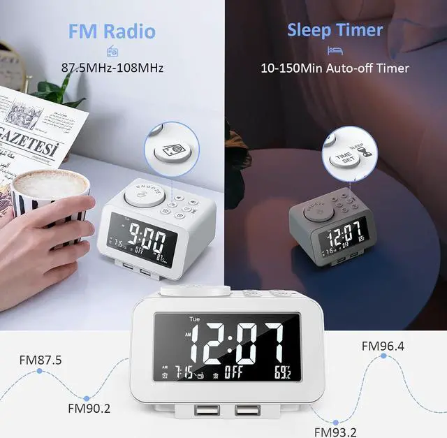 Alt view image 4 of 7 - KEHIPI Digital Alarm Clock Radio - 0-100% Dimmer, Dual Alarm with Weekday/Weekend Mode, 6 Sounds Adjustable Volume, FM Radio w/Sleep Timer, 2 USB Charging Ports, Thermometer, Battery Backup(White)