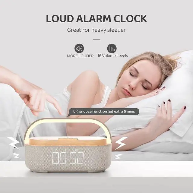 Alt view image 2 of 6 - KEHIPI Bluetooth Speaker with Digital Alarm Clock, Wireless Charger, FM Clock Radio, Adjustable LED Night Light, Dual Wireless Speakers,2500mAh Battery for Bedroom,Home, Adaptor (Wooden)