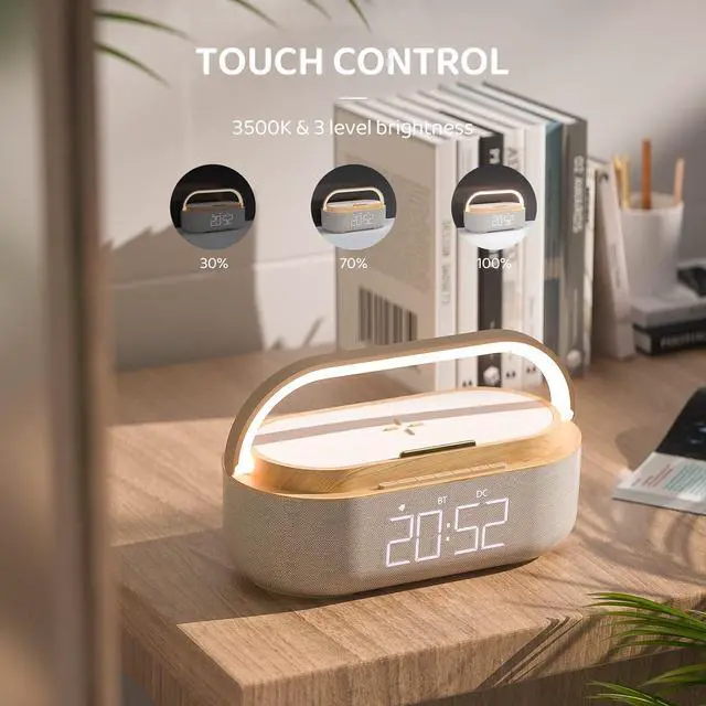 Alt view image 4 of 6 - KEHIPI Bluetooth Speaker with Digital Alarm Clock, Wireless Charger, FM Clock Radio, Adjustable LED Night Light, Dual Wireless Speakers,2500mAh Battery for Bedroom,Home, Adaptor (Wooden)