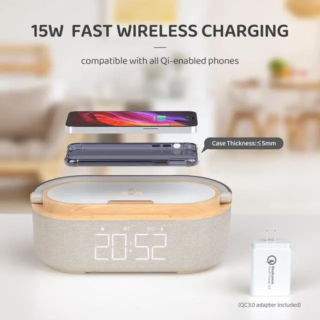 Alt view image 3 of 6 - KEHIPI Bluetooth Speaker with Digital Alarm Clock, Wireless Charger, FM Clock Radio, Adjustable LED Night Light, Dual Wireless Speakers,2500mAh Battery for Bedroom,Home, Adaptor (Wooden)