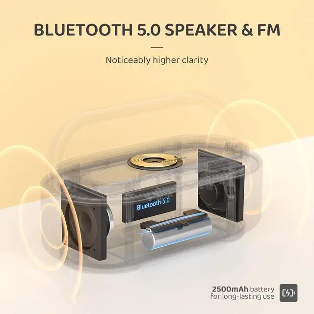 Alt view image 5 of 6 - KEHIPI Bluetooth Speaker with Digital Alarm Clock, Wireless Charger, FM Clock Radio, Adjustable LED Night Light, Dual Wireless Speakers,2500mAh Battery for Bedroom,Home, Adaptor (Wooden)