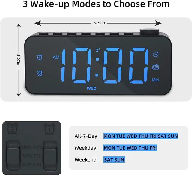 Alt view image 6 of 7 - KEHIPI Digital Alarm Clock for Bedroom with FM Radio,8-Color Font Dimmer, USB A,C 2 Charging Ports, Timer, Dual Alarm,Large Number Bedside Alarm Clock,for Adults Kids Teens Heavy Sleepers.