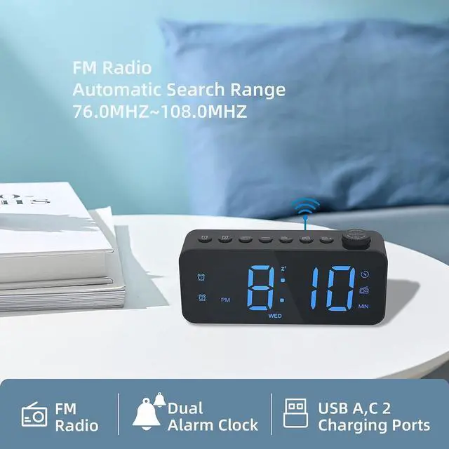 Alt view image 4 of 7 - KEHIPI Digital Alarm Clock for Bedroom with FM Radio,8-Color Font Dimmer, USB A,C 2 Charging Ports, Timer, Dual Alarm,Large Number Bedside Alarm Clock,for Adults Kids Teens Heavy Sleepers.