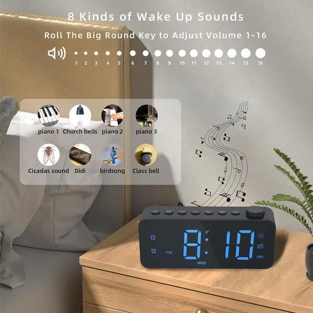 Alt view image 3 of 7 - KEHIPI Digital Alarm Clock for Bedroom with FM Radio,8-Color Font Dimmer, USB A,C 2 Charging Ports, Timer, Dual Alarm,Large Number Bedside Alarm Clock,for Adults Kids Teens Heavy Sleepers.