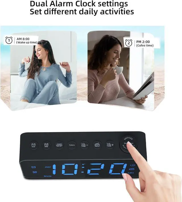 Alt view image 5 of 7 - KEHIPI Digital Alarm Clock for Bedroom with FM Radio,8-Color Font Dimmer, USB A,C 2 Charging Ports, Timer, Dual Alarm,Large Number Bedside Alarm Clock,for Adults Kids Teens Heavy Sleepers.