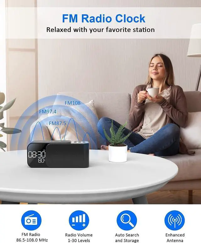 Alt view image 4 of 7 - KEHIPI Alarm Clock Radio with Wireless Charger, Clock Radio with Bluetooth Speaker & Aux, Dual Alarms with 8 Sounds, Snooze, USB Charging Port, 3 Levels Dimmer Nightlight for Bedroom