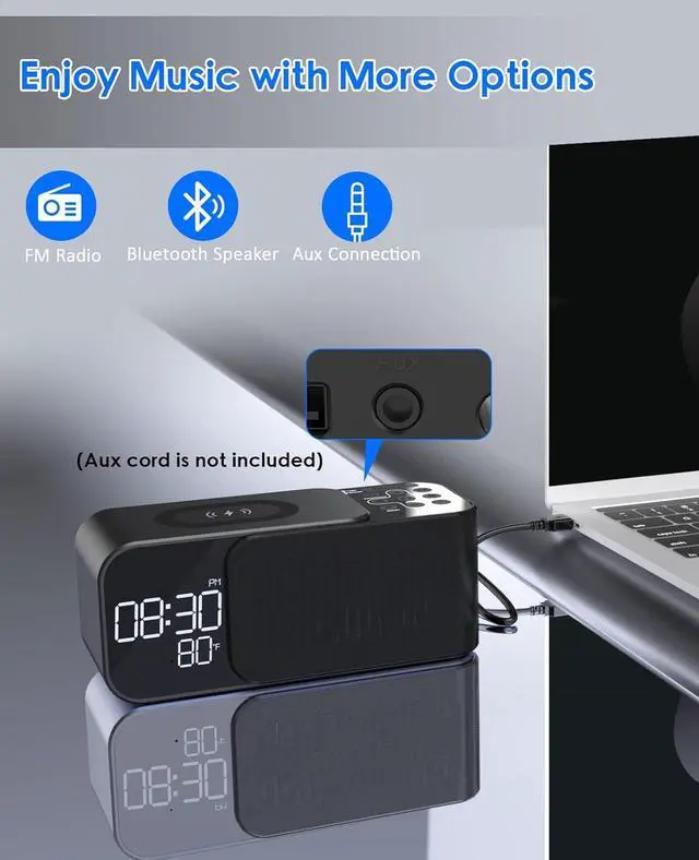 Alt view image 7 of 7 - KEHIPI Alarm Clock Radio with Wireless Charger, Clock Radio with Bluetooth Speaker & Aux, Dual Alarms with 8 Sounds, Snooze, USB Charging Port, 3 Levels Dimmer Nightlight for Bedroom