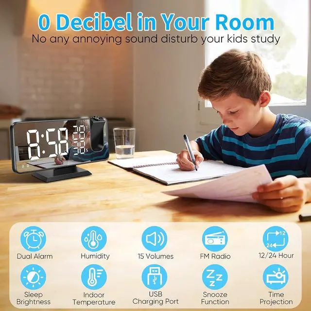Alt view image 4 of 7 - KEHIPI Projector Alarm Clock for Bedroom Ceiling, Projection Digital Clock Radio with USB Charger Ports, Dual Alarms, Snooze Model, 4 Dimmer, 7.3Large Mirror LED Loud Alarm
