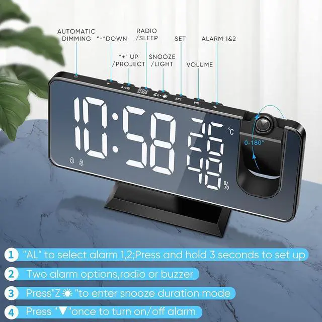 Alt view image 7 of 7 - KEHIPI Projector Alarm Clock for Bedroom Ceiling, Projection Digital Clock Radio with USB Charger Ports, Dual Alarms, Snooze Model, 4 Dimmer, 7.3Large Mirror LED Loud Alarm