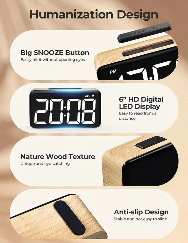 Alt view image 5 of 6 - KEHIPI Digital Alarm Clocks for Bedrooms, Digital Clock with Large Digits,Easy to Use,5 Levels Brightness + OFF, Snooze, Power-off Memory,12/24H,Desk Clocks for Bedroom Bedside Clocks for Kids Adults