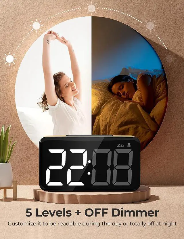 Alt view image 3 of 6 - KEHIPI Digital Alarm Clocks for Bedrooms, Digital Clock with Large Digits,Easy to Use,5 Levels Brightness + OFF, Snooze, Power-off Memory,12/24H,Desk Clocks for Bedroom Bedside Clocks for Kids Adults
