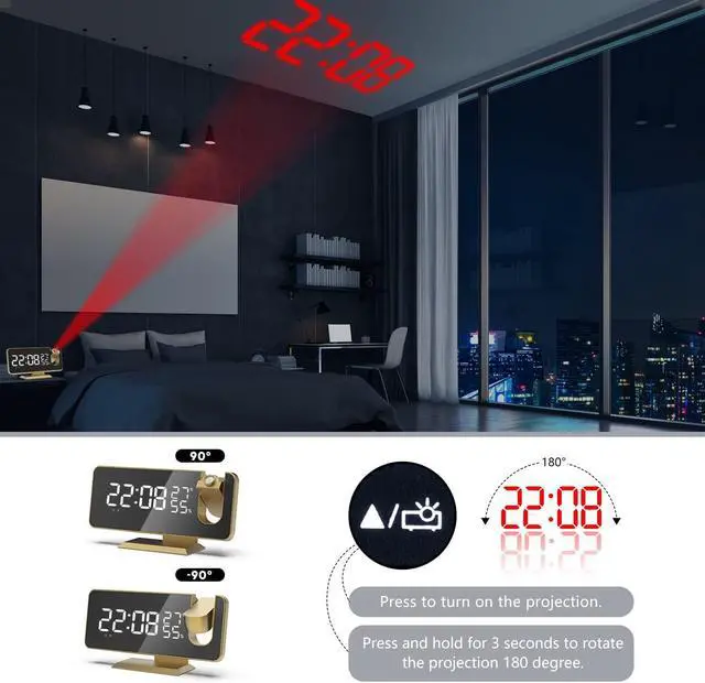 Alt view image 2 of 7 - KEHIPI Projection Digital Alarm Clock for Bedrooms,Radio Alarm Clock on Ceiling,USB Charger Port,Temperature  Humidity Display,7.3Large Mirror LED Display,12/24H,Snooze,Dual Loud Alarm Clock-4 Dimmer