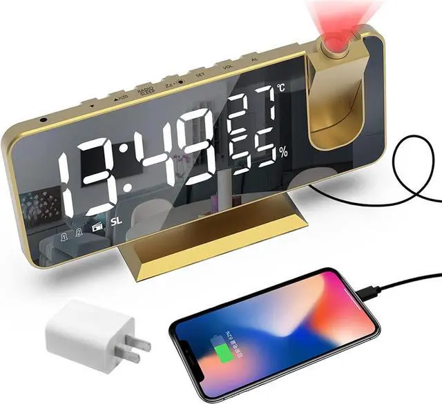 Main image of KEHIPI Projection Digital Alarm Clock for Bedrooms,Radio Alarm Clock on Ceiling,USB Charger Port,Temperature  Humidity Display,7.3Large Mirror LED Display,12/24H,Snooze,Dual Loud Alarm Clock-4 Dimmer