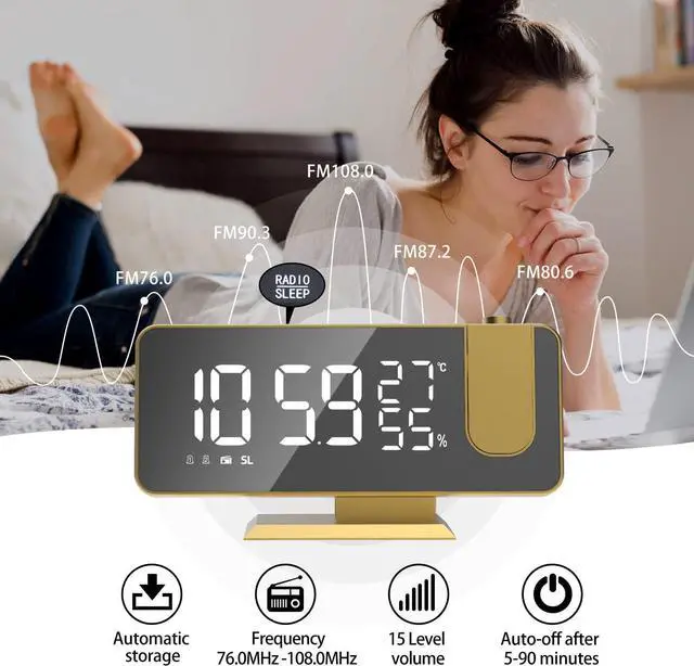 Alt view image 3 of 7 - KEHIPI Projection Digital Alarm Clock for Bedrooms,Radio Alarm Clock on Ceiling,USB Charger Port,Temperature  Humidity Display,7.3Large Mirror LED Display,12/24H,Snooze,Dual Loud Alarm Clock-4 Dimmer