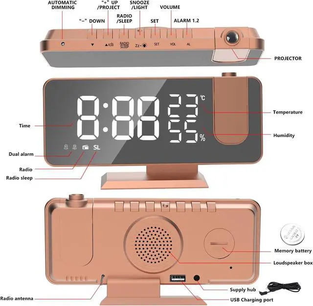 Alt view image 6 of 7 - KEHIPI Projection Digital Alarm Clock for Bedrooms,Radio Alarm Clock on Ceiling,USB Charger Port,Temperature  Humidity Display,7.3Large Mirror LED Display,12/24H,Snooze,Dual Loud Alarm Clock-4 Dimmer