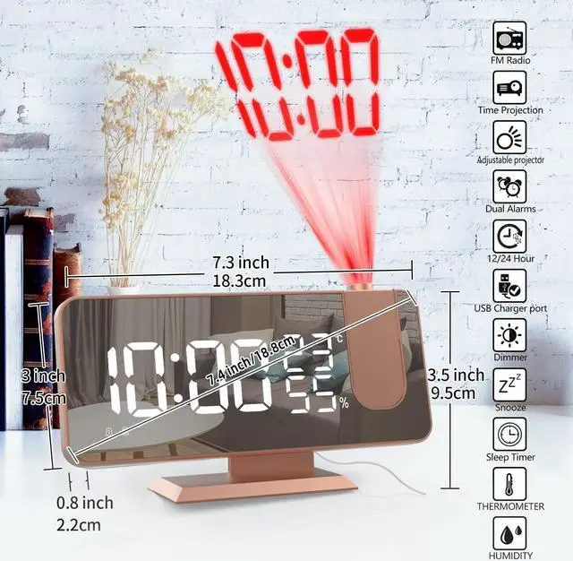Alt view image 7 of 7 - KEHIPI Projection Digital Alarm Clock for Bedrooms,Radio Alarm Clock on Ceiling,USB Charger Port,Temperature  Humidity Display,7.3Large Mirror LED Display,12/24H,Snooze,Dual Loud Alarm Clock-4 Dimmer