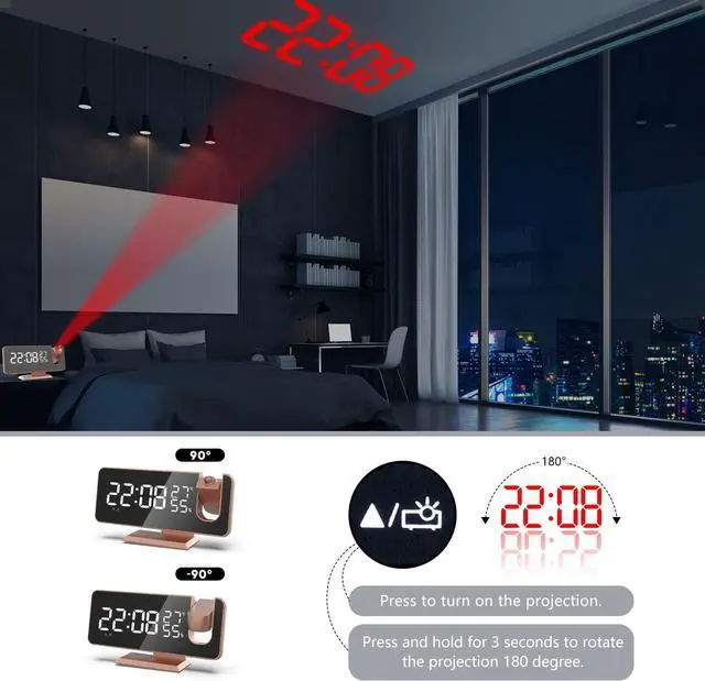 Alt view image 2 of 7 - KEHIPI Projection Digital Alarm Clock for Bedrooms,Radio Alarm Clock on Ceiling,USB Charger Port,Temperature  Humidity Display,7.3Large Mirror LED Display,12/24H,Snooze,Dual Loud Alarm Clock-4 Dimmer