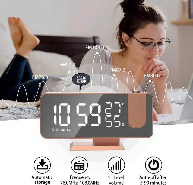 Alt view image 3 of 7 - KEHIPI Projection Digital Alarm Clock for Bedrooms,Radio Alarm Clock on Ceiling,USB Charger Port,Temperature  Humidity Display,7.3Large Mirror LED Display,12/24H,Snooze,Dual Loud Alarm Clock-4 Dimmer