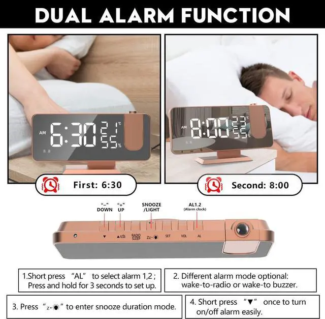 Alt view image 5 of 7 - KEHIPI Projection Digital Alarm Clock for Bedrooms,Radio Alarm Clock on Ceiling,USB Charger Port,Temperature  Humidity Display,7.3Large Mirror LED Display,12/24H,Snooze,Dual Loud Alarm Clock-4 Dimmer