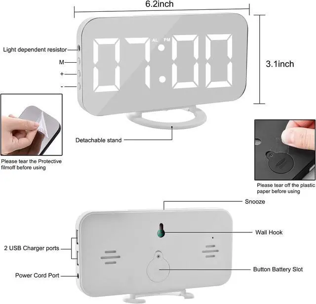 Alt view image 7 of 7 - KEHIPI Digital Alarm Clock,6" Large LED Display with Dual USB Charger Ports | Auto Dimmer Mode | Easy Snooze Function, Modern Mirror Desk Wall Clock for Bedroom Home Office for All People (White)