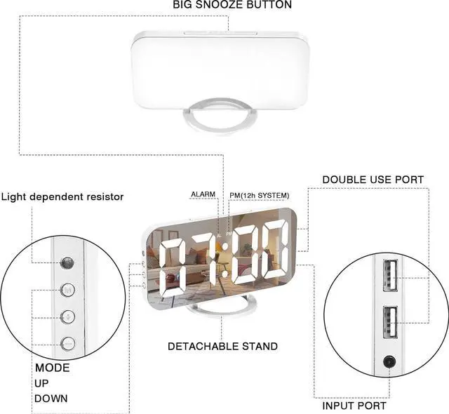 Alt view image 6 of 7 - KEHIPI Digital Alarm Clock,6" Large LED Display with Dual USB Charger Ports | Auto Dimmer Mode | Easy Snooze Function, Modern Mirror Desk Wall Clock for Bedroom Home Office for All People (White)