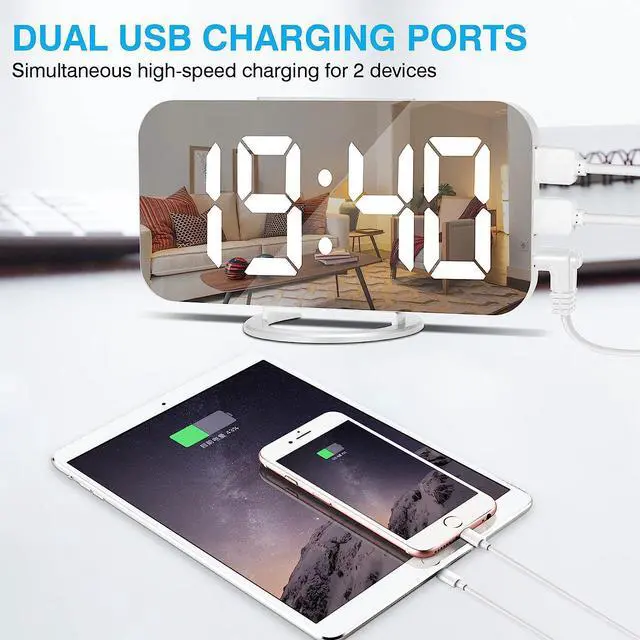 Alt view image 4 of 7 - KEHIPI Digital Alarm Clock,6" Large LED Display with Dual USB Charger Ports | Auto Dimmer Mode | Easy Snooze Function, Modern Mirror Desk Wall Clock for Bedroom Home Office for All People (White)