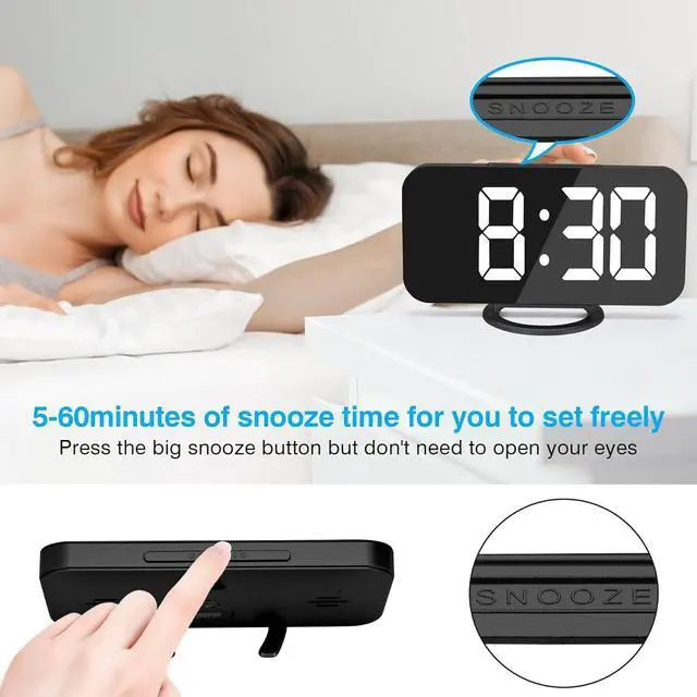 Alt view image 3 of 7 - KEHIPI Digital Alarm Clock,6" Large LED Display with Dual USB Charger Ports | Auto Dimmer Mode | Easy Snooze Function, Modern Mirror Desk Wall Clock for Bedroom Home Office for All People (Black)