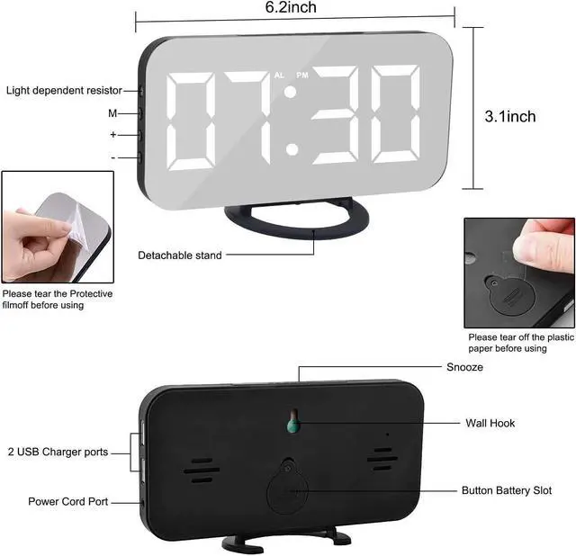 Alt view image 7 of 7 - KEHIPI Digital Alarm Clock,6" Large LED Display with Dual USB Charger Ports | Auto Dimmer Mode | Easy Snooze Function, Modern Mirror Desk Wall Clock for Bedroom Home Office for All People (Black)