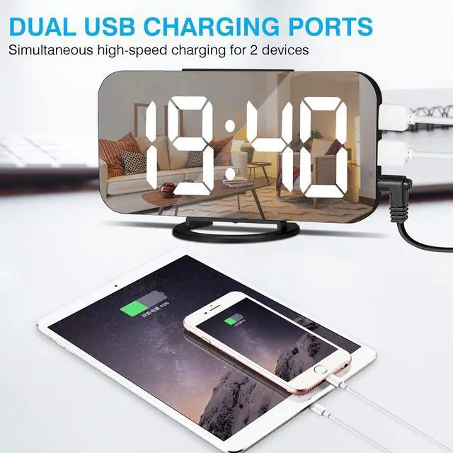 Alt view image 4 of 7 - KEHIPI Digital Alarm Clock,6" Large LED Display with Dual USB Charger Ports | Auto Dimmer Mode | Easy Snooze Function, Modern Mirror Desk Wall Clock for Bedroom Home Office for All People (Black)