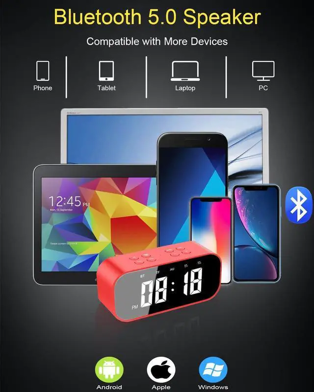 Alt view image 4 of 6 - KEHIPI Digital Alarm Clock with Bluetooth Speaker,Desk Clock for Bedroom/Office,Small Table Clock with Dual Alarms,Snooze,Dimmable LED Display,Hands-Free Calling.(12H Format,Red)