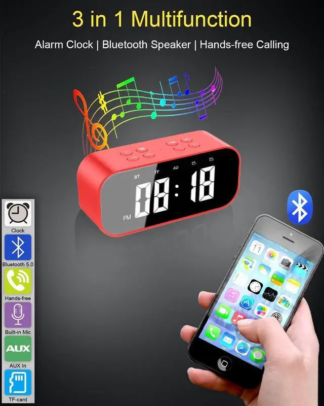 Alt view image 2 of 6 - KEHIPI Digital Alarm Clock with Bluetooth Speaker,Desk Clock for Bedroom/Office,Small Table Clock with Dual Alarms,Snooze,Dimmable LED Display,Hands-Free Calling.(12H Format,Red)