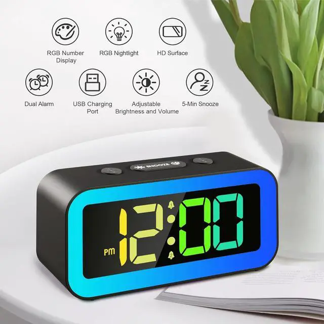 Alt view image 2 of 7 - KEHIPI Colorful Nightlight LED Digital Alarm Clock with Super Loud Dual alarm, Weekday mode, Snooze, Dimmer, USB Charging Port for Livingroom, Bedroom,Bedside, Heavy Sleeper,Adult,Kid,Teens,gift,Black