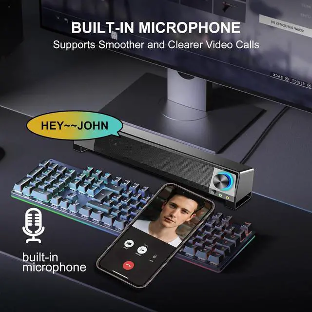 Alt view image 4 of 6 - KEHIPI Computer PC Bluetooth Gaming Soundbar Monitor Speakers USB Powered with Microphone HiFi Stereo &Jack for Headphone Wireless3.5mm AUX Desktop Computer Speakers for Smartphone Tablet Ipad Meeting