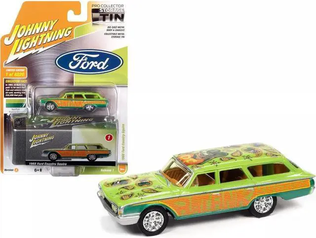 Alt view image 2 of 3 - 1960 Ford Country Squire "Rat Fink" Kustom Green and Orange with Graphics and Collector Tin Limited Edition to 6020 pieces Worldwide 1/64 Diecast Model Car by Johnny Lightning