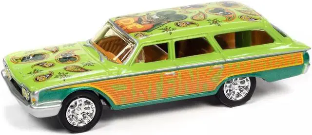 Alt view image 3 of 3 - 1960 Ford Country Squire "Rat Fink" Kustom Green and Orange with Graphics and Collector Tin Limited Edition to 6020 pieces Worldwide 1/64 Diecast Model Car by Johnny Lightning